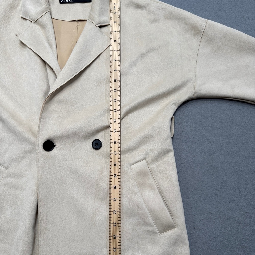 Zara Trench Coat Womens XS Beige Double Breasted Faux Suede Longline Belted Chic - Picture 6 of 8